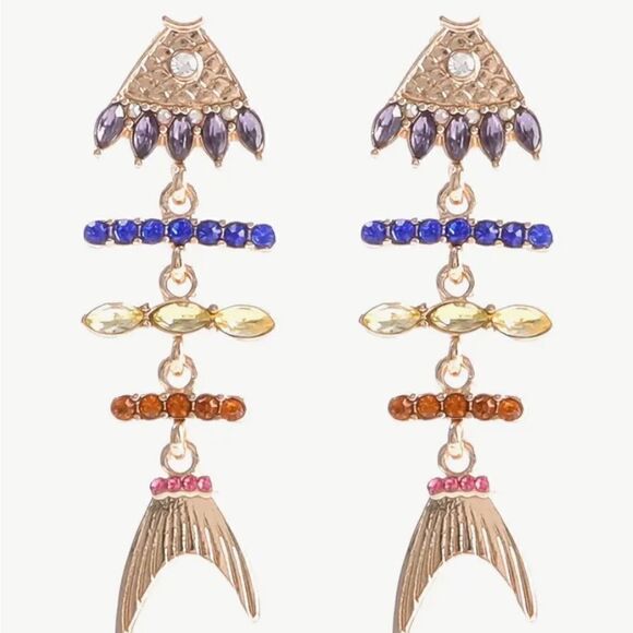 🐠 Betsey Johnson crystal fishbone dangle earrings 🐠 - Picture 3 of 5